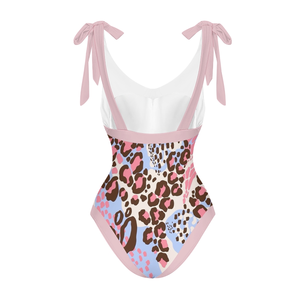 Pink Blue Leopard V Neck Tie Shoulder Swimsuit With Matching Skirt Set