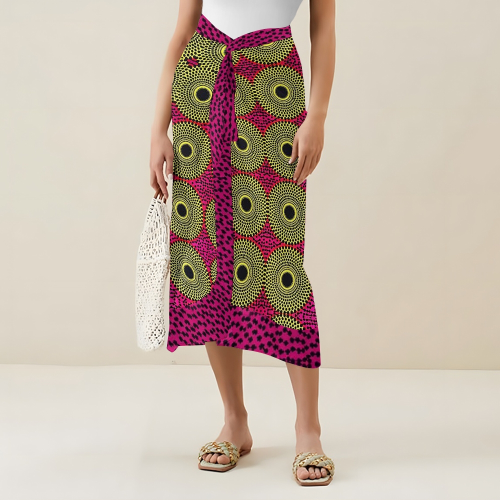 Ethnic Geometric Circle V Neck Tie Shoulder Swimsuit With Matching Skirt Set