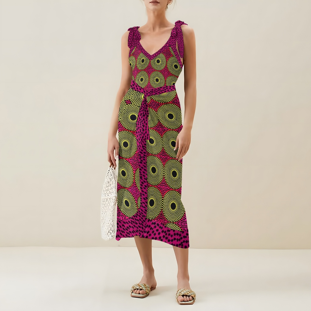 Ethnic Geometric Circle V Neck Tie Shoulder Swimsuit With Matching Skirt Set