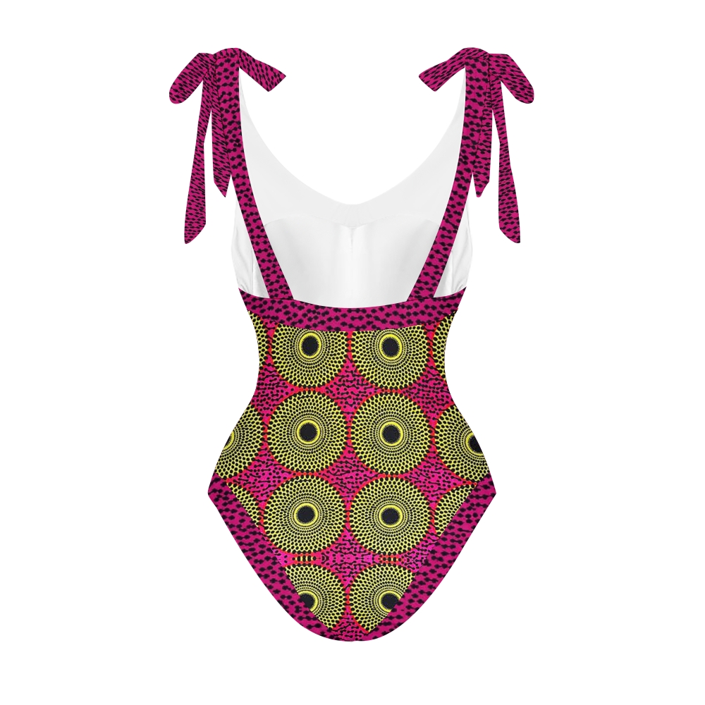 Ethnic Geometric Circle V Neck Tie Shoulder Swimsuit With Matching Skirt Set