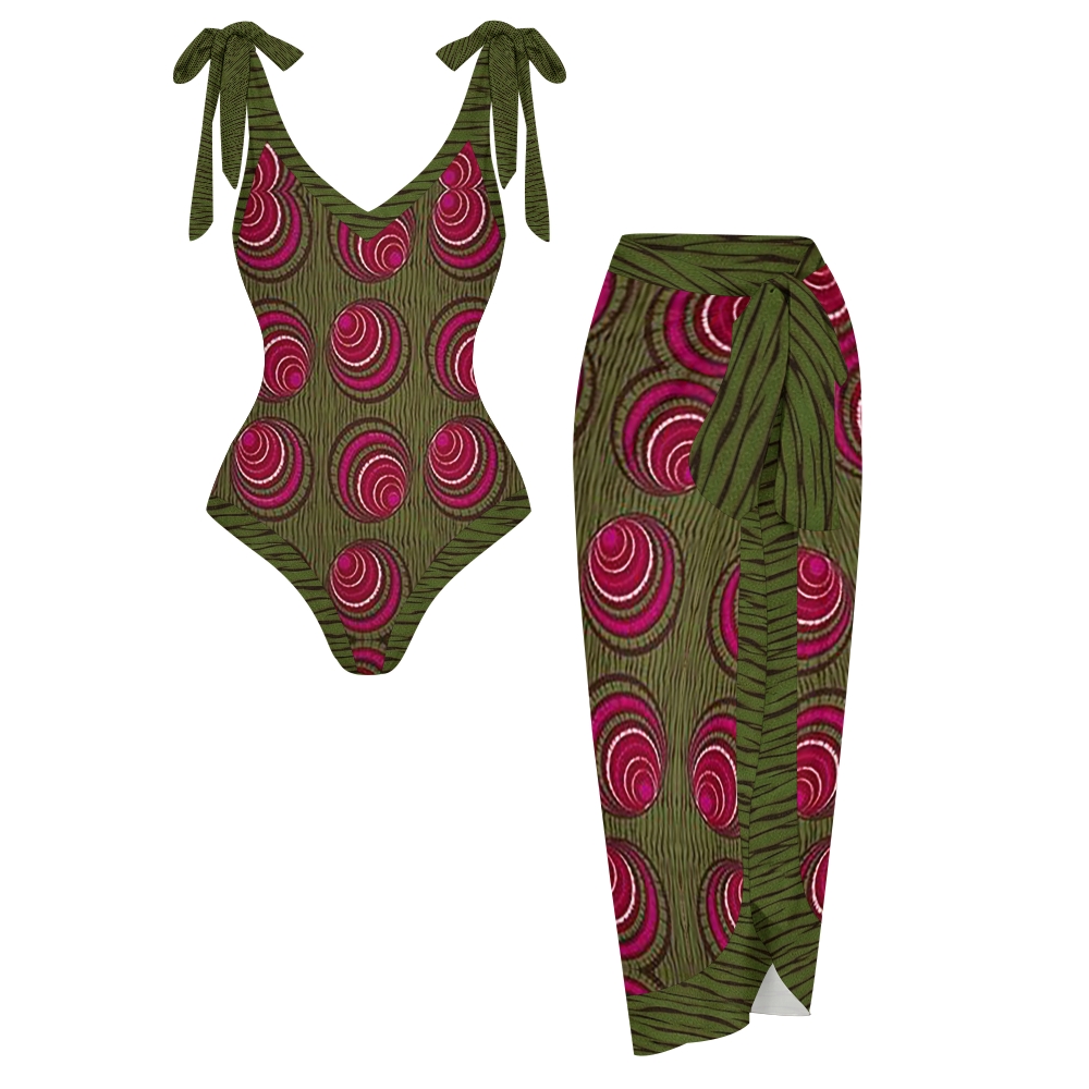Ethnic Red Green Spiral Circle V Neck Tie Shoulder Swimsuit With Matching Skirt Set