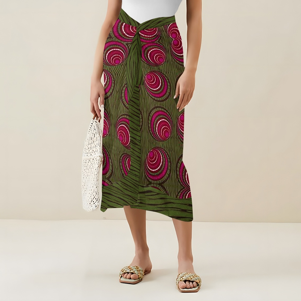 Ethnic Red Green Spiral Circle V Neck Tie Shoulder Swimsuit With Matching Skirt Set