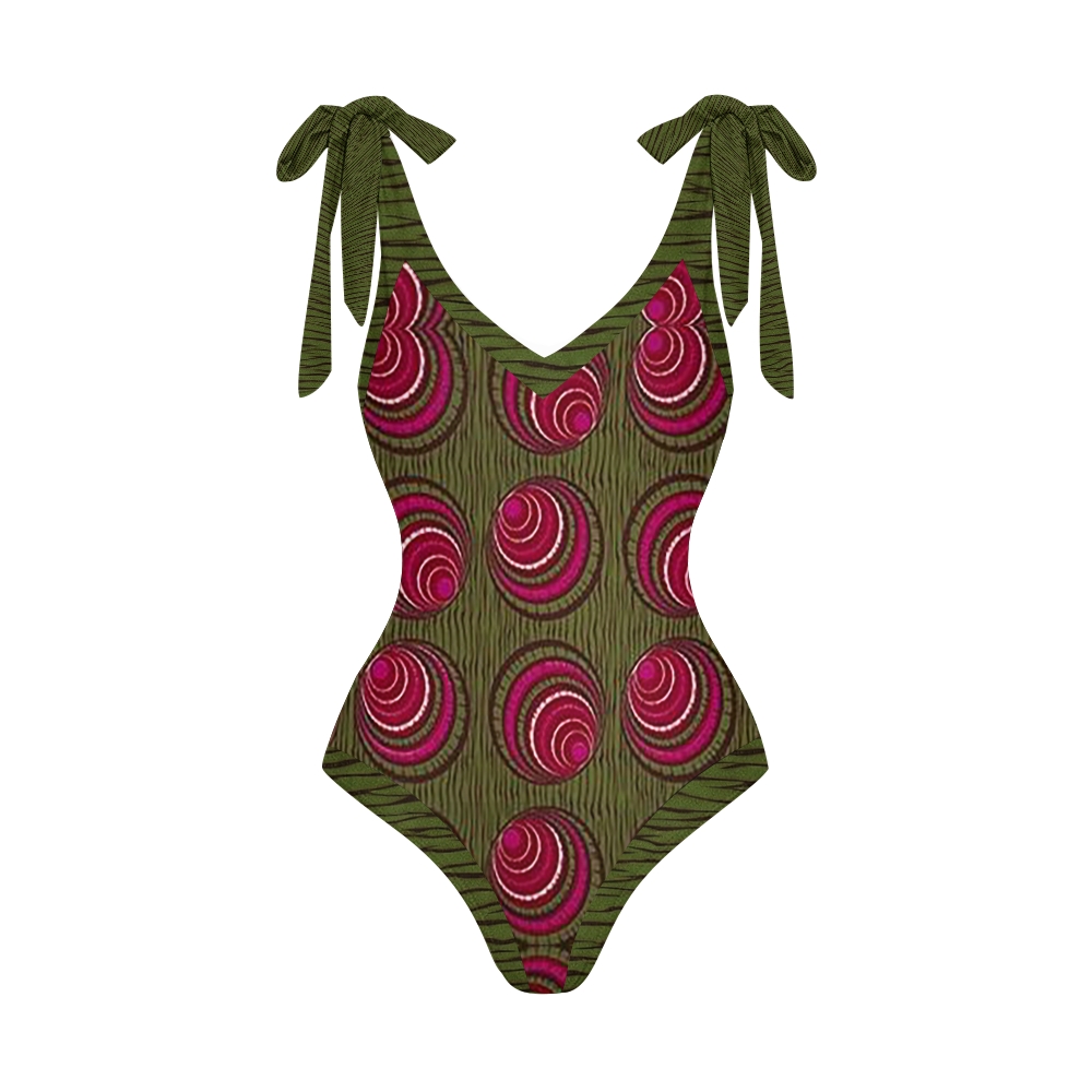 Ethnic Red Green Spiral Circle V Neck Tie Shoulder Swimsuit With Matching Skirt Set