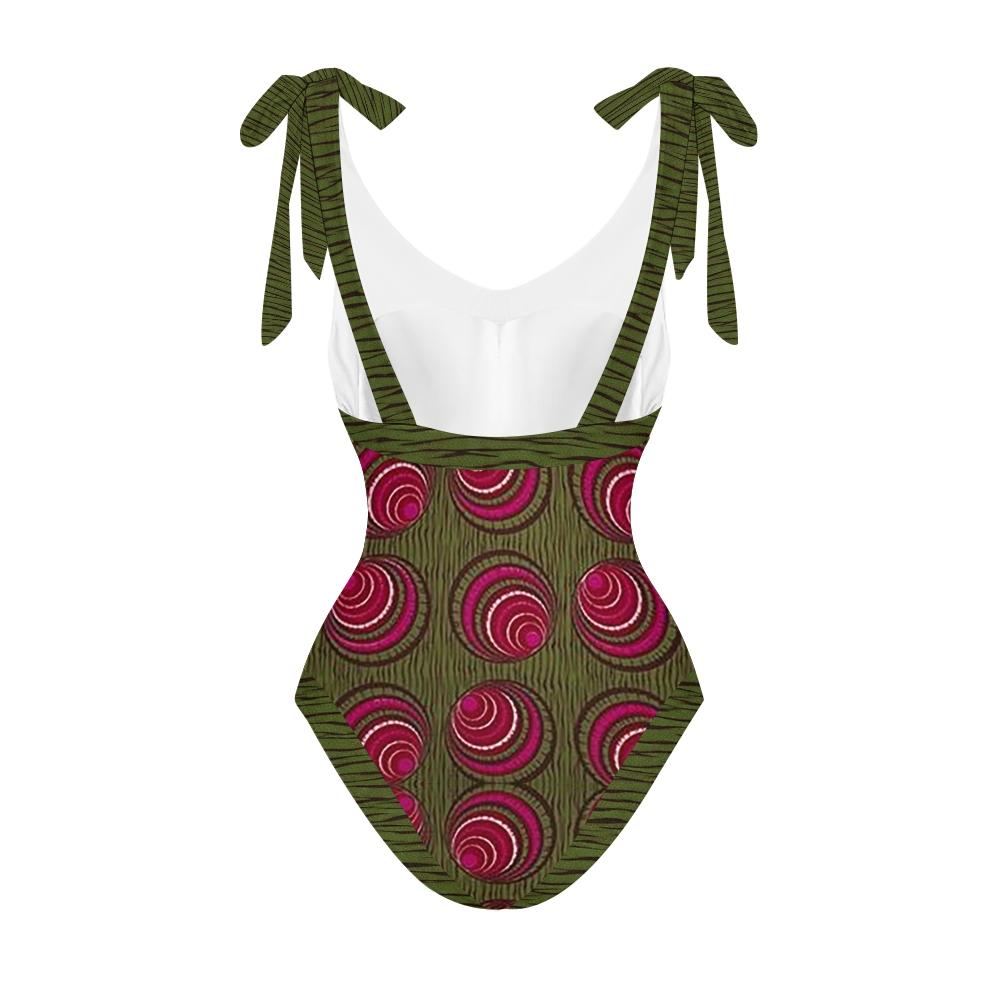Ethnic Red Green Spiral Circle V Neck Tie Shoulder Swimsuit With Matching Skirt Set