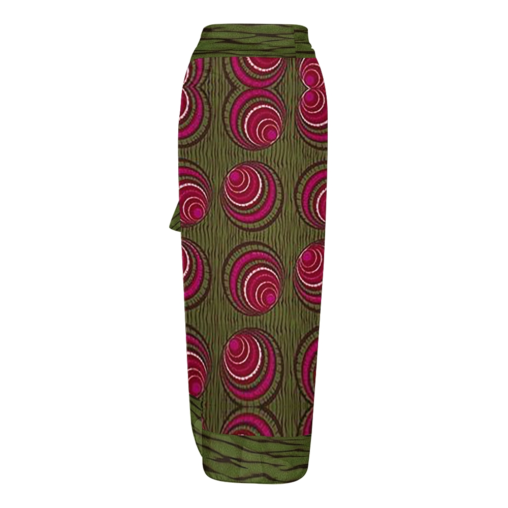 Ethnic Red Green Spiral Circle V Neck Tie Shoulder Swimsuit With Matching Skirt Set