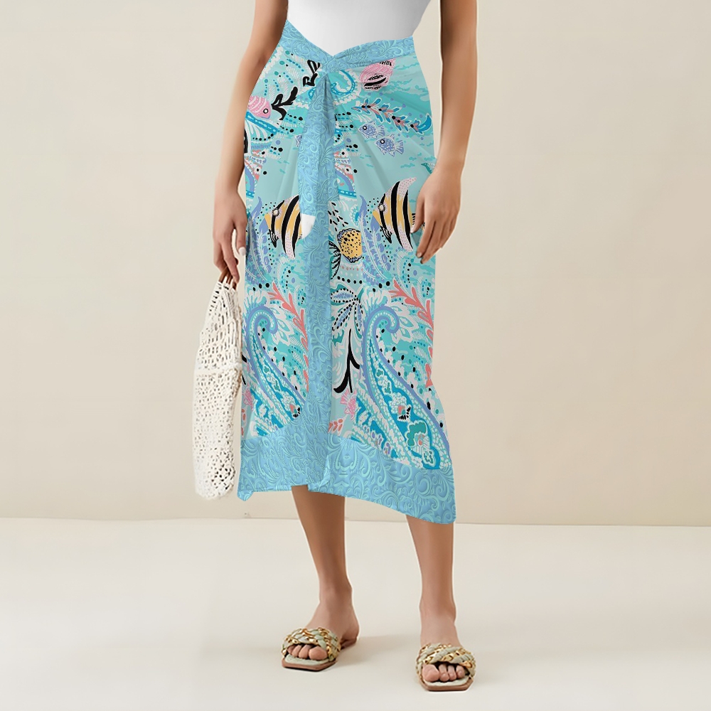 Vacation Ocean Paisley V Neck Tie Shoulder Swimsuit With Matching Skirt Set