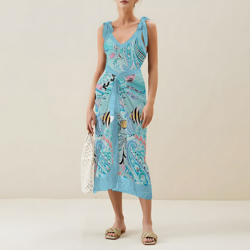 Vacation Ocean Paisley V Neck Tie Shoulder Swimsuit With Matching Skirt Set