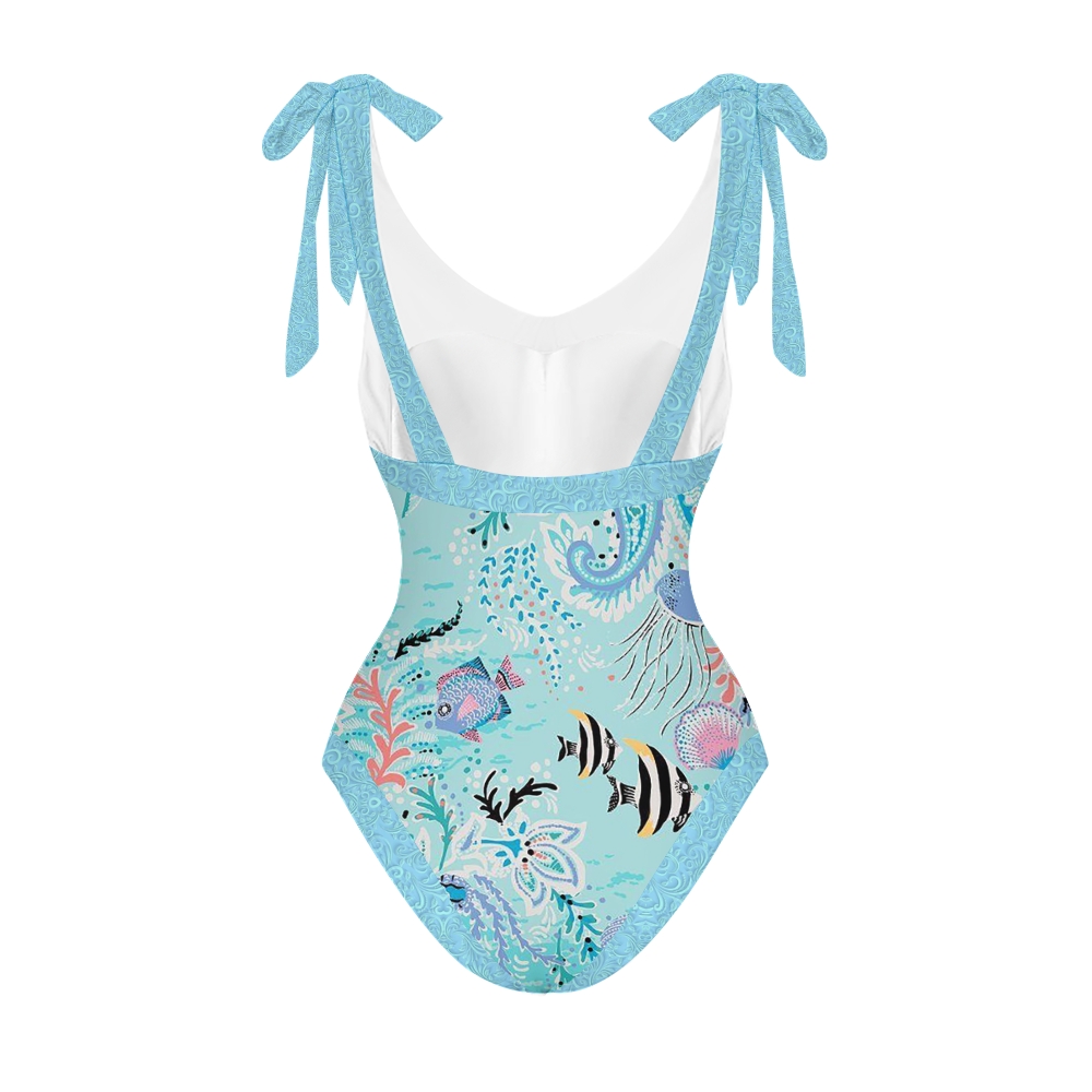 Vacation Ocean Paisley V Neck Tie Shoulder Swimsuit With Matching Skirt Set