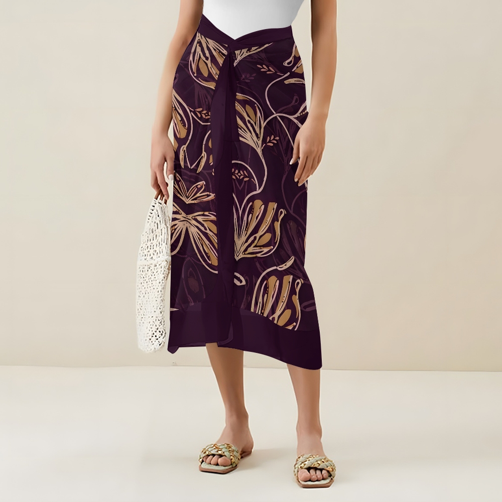 Vintage Purple Gold Leaf V Neck Tie Shoulder Swimsuit With Matching Skirt Set