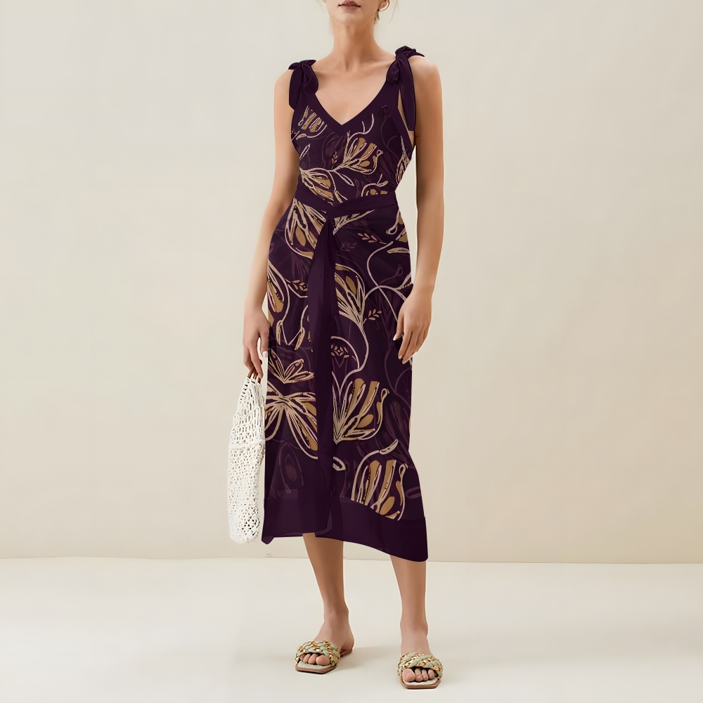 Vintage Purple Gold Leaf V Neck Tie Shoulder Swimsuit With Matching Skirt Set