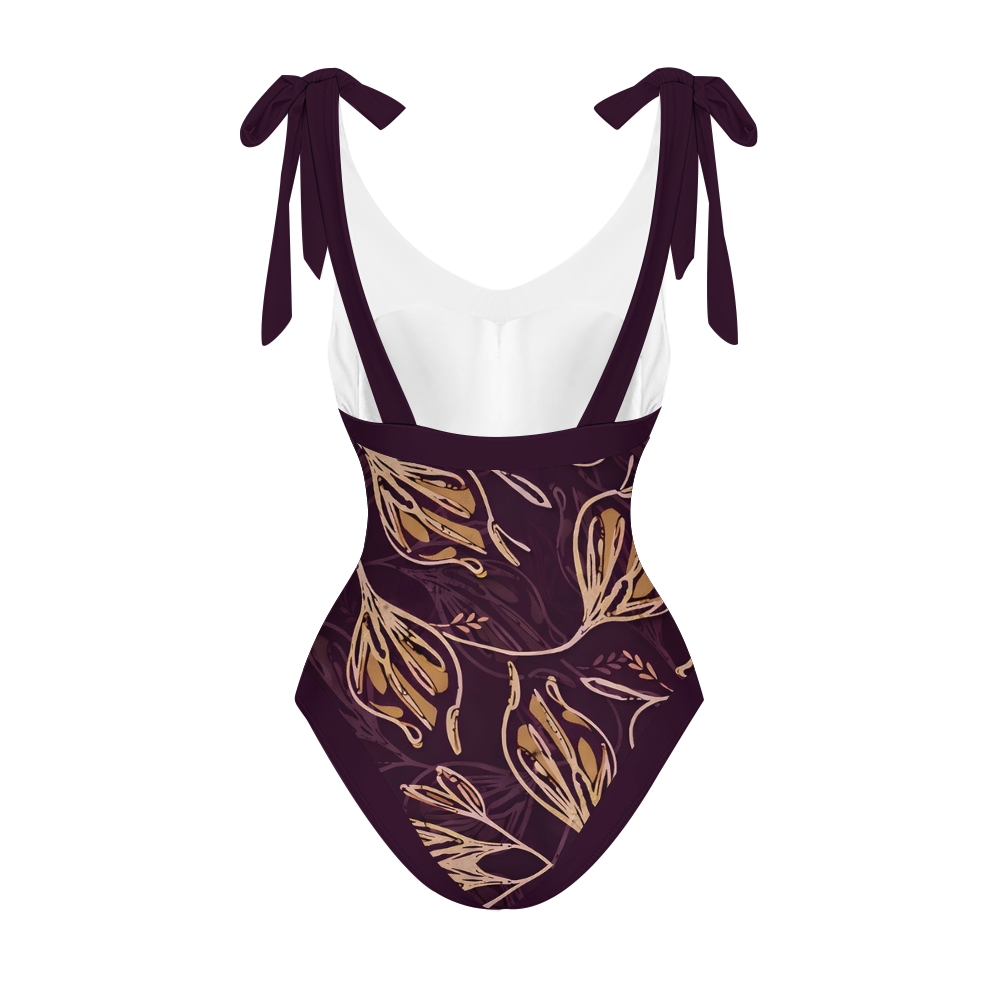 Vintage Purple Gold Leaf V Neck Tie Shoulder Swimsuit With Matching Skirt Set