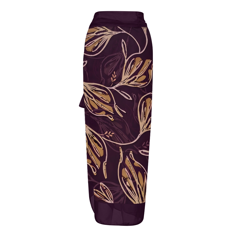 Vintage Purple Gold Leaf V Neck Tie Shoulder Swimsuit With Matching Skirt Set