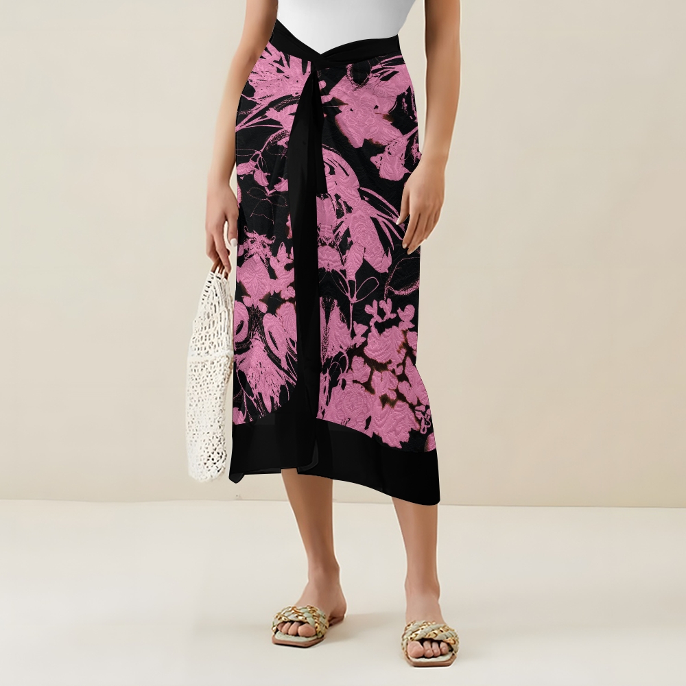 Sweet Cool Pink Black Floral V Neck Tie Shoulder Swimsuit With Matching Skirt Set