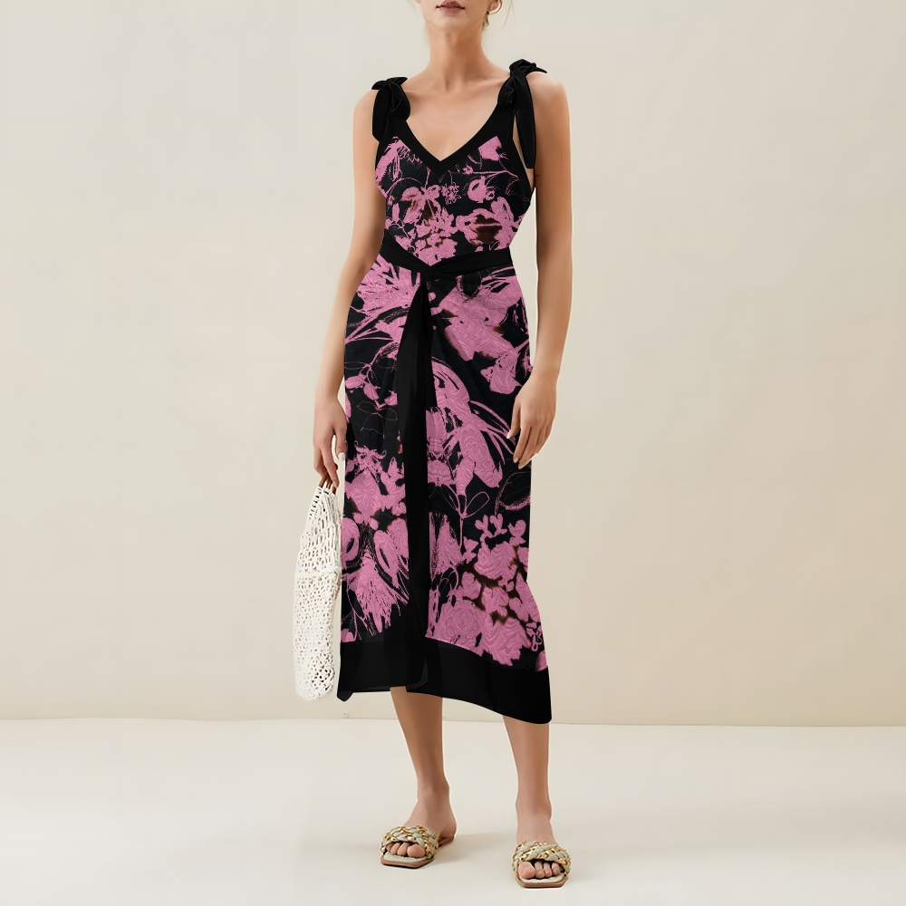 Sweet Cool Pink Black Floral V Neck Tie Shoulder Swimsuit With Matching Skirt Set