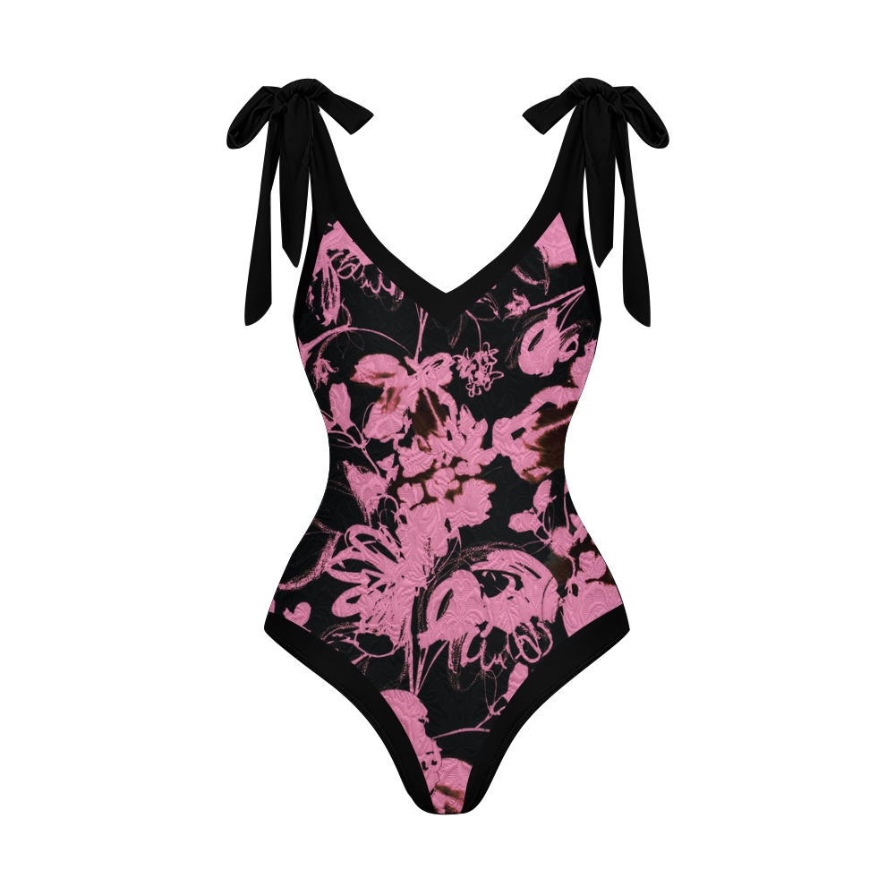 Sweet Cool Pink Black Floral V Neck Tie Shoulder Swimsuit With Matching Skirt Set