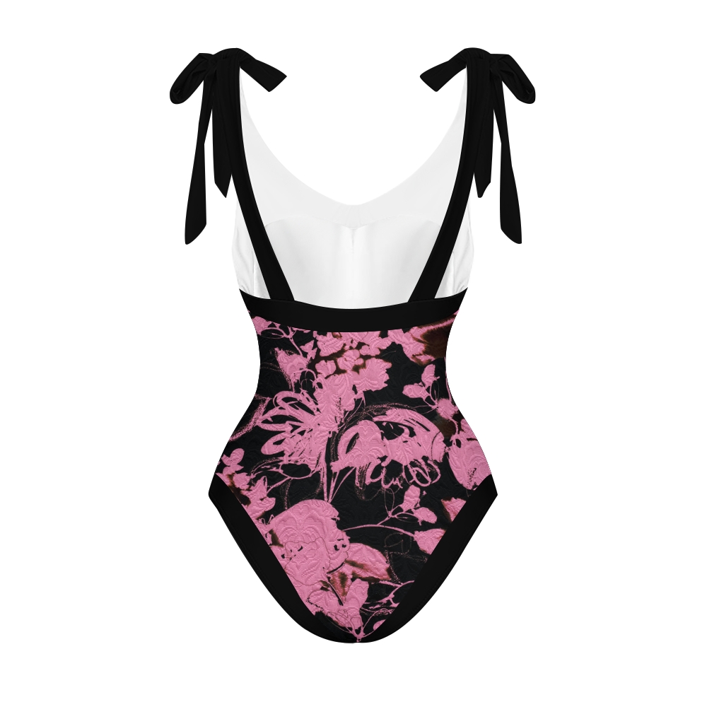 Sweet Cool Pink Black Floral V Neck Tie Shoulder Swimsuit With Matching Skirt Set