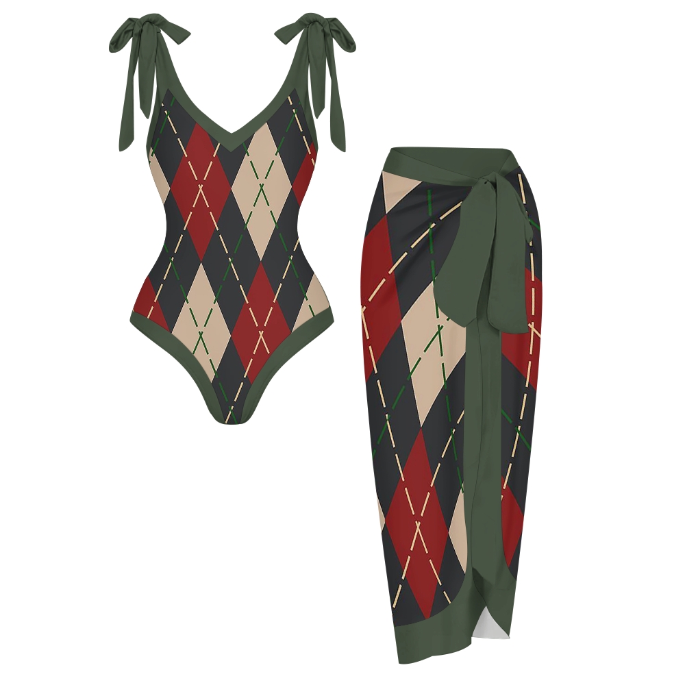 Vintage Preppy Argyle V Neck Tie Shoulder Swimsuit With Matching Skirt Set