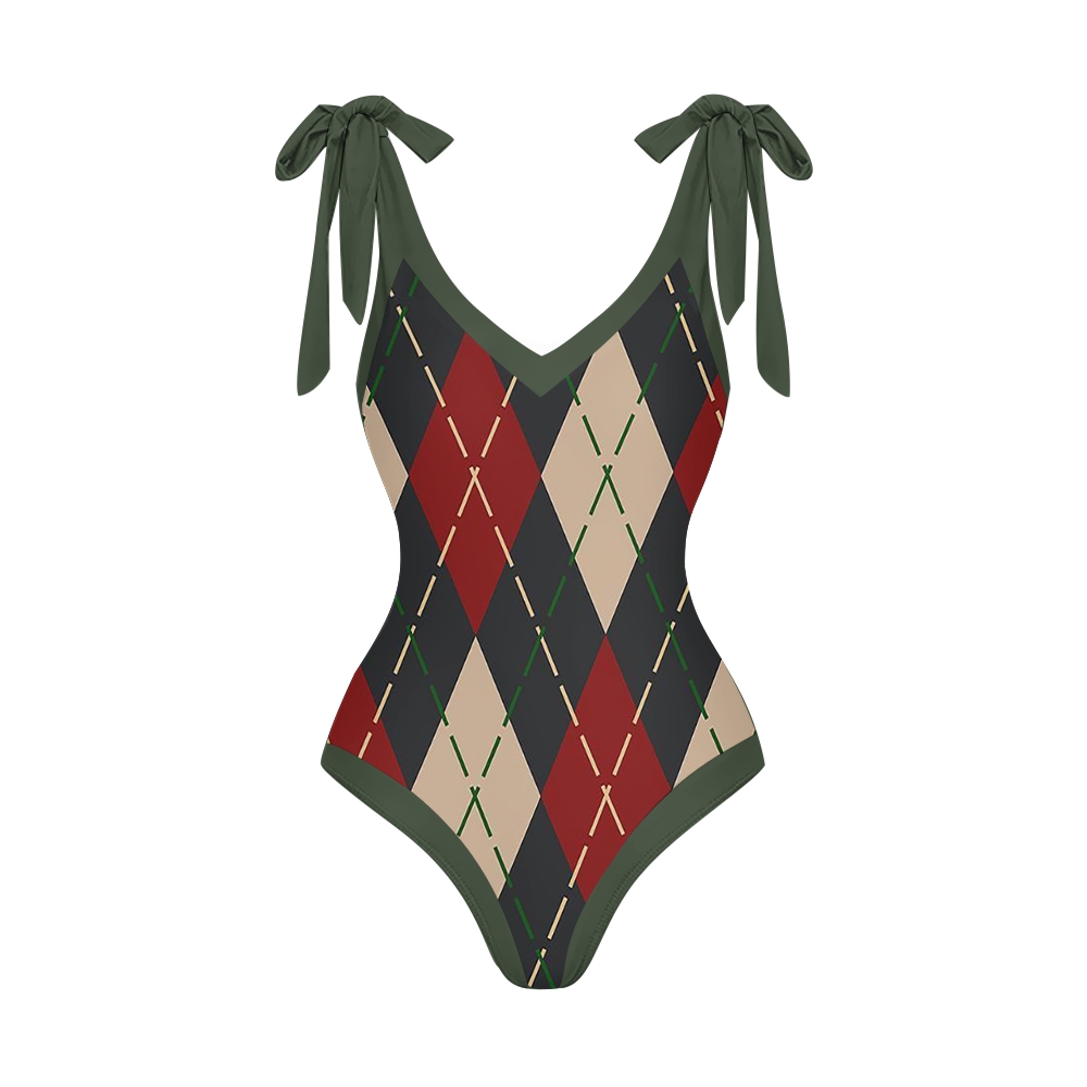 Vintage Preppy Argyle V Neck Tie Shoulder Swimsuit With Matching Skirt Set