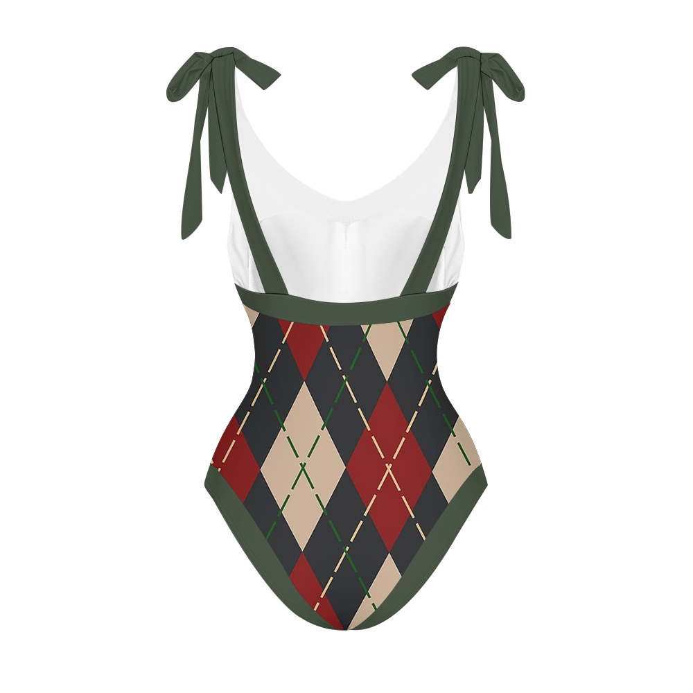 Vintage Preppy Argyle V Neck Tie Shoulder Swimsuit With Matching Skirt Set