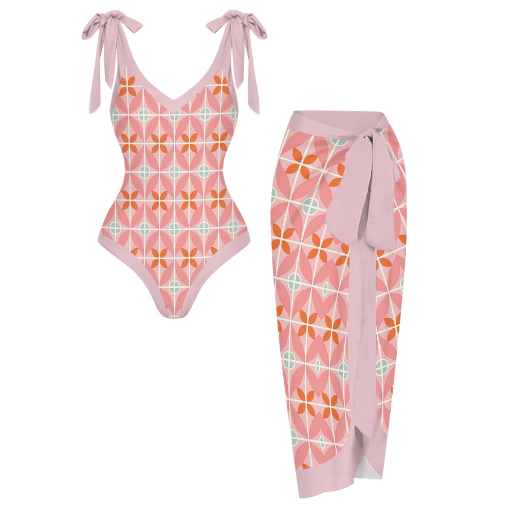 Vintage Pink Orange Geometric V Neck Tie Shoulder Swimsuit With Matching Skirt Set