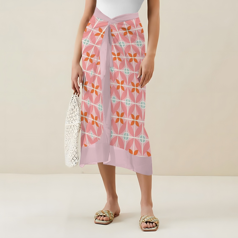 Vintage Pink Orange Geometric V Neck Tie Shoulder Swimsuit With Matching Skirt Set