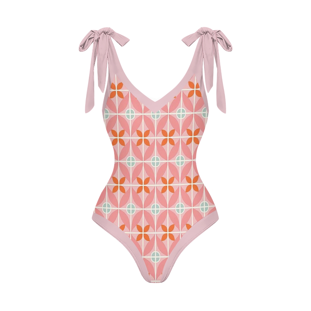 Vintage Pink Orange Geometric V Neck Tie Shoulder Swimsuit With Matching Skirt Set
