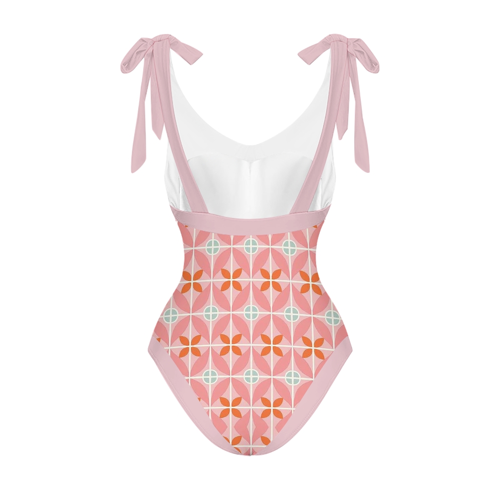 Vintage Pink Orange Geometric V Neck Tie Shoulder Swimsuit With Matching Skirt Set