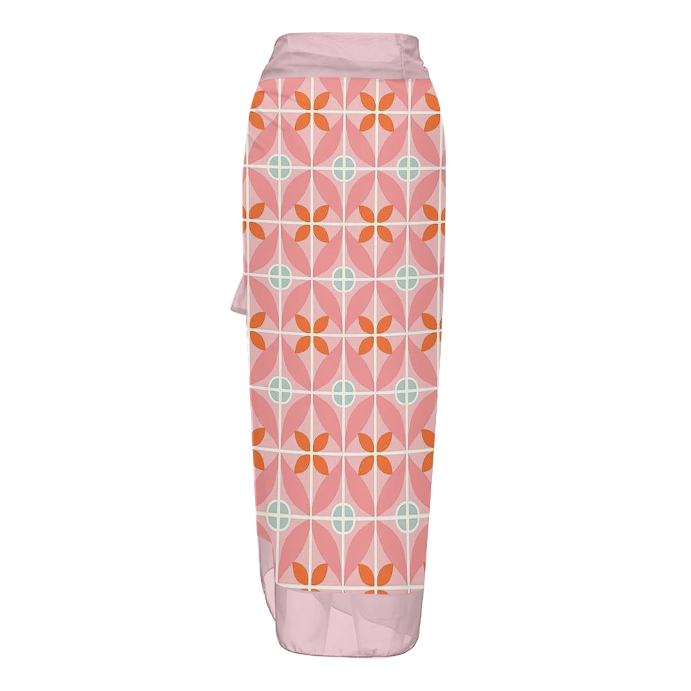 Vintage Pink Orange Geometric V Neck Tie Shoulder Swimsuit With Matching Skirt Set