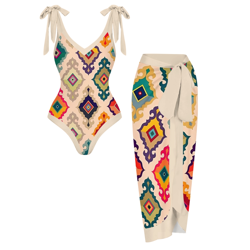Bohemian Colorful Diamond V Neck Tie Shoulder Swimsuit With Matching Skirt Set