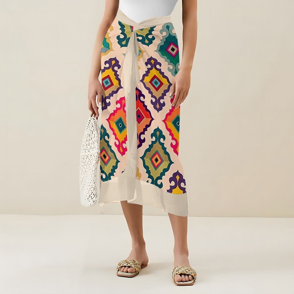 Bohemian Colorful Diamond V Neck Tie Shoulder Swimsuit With Matching Skirt Set