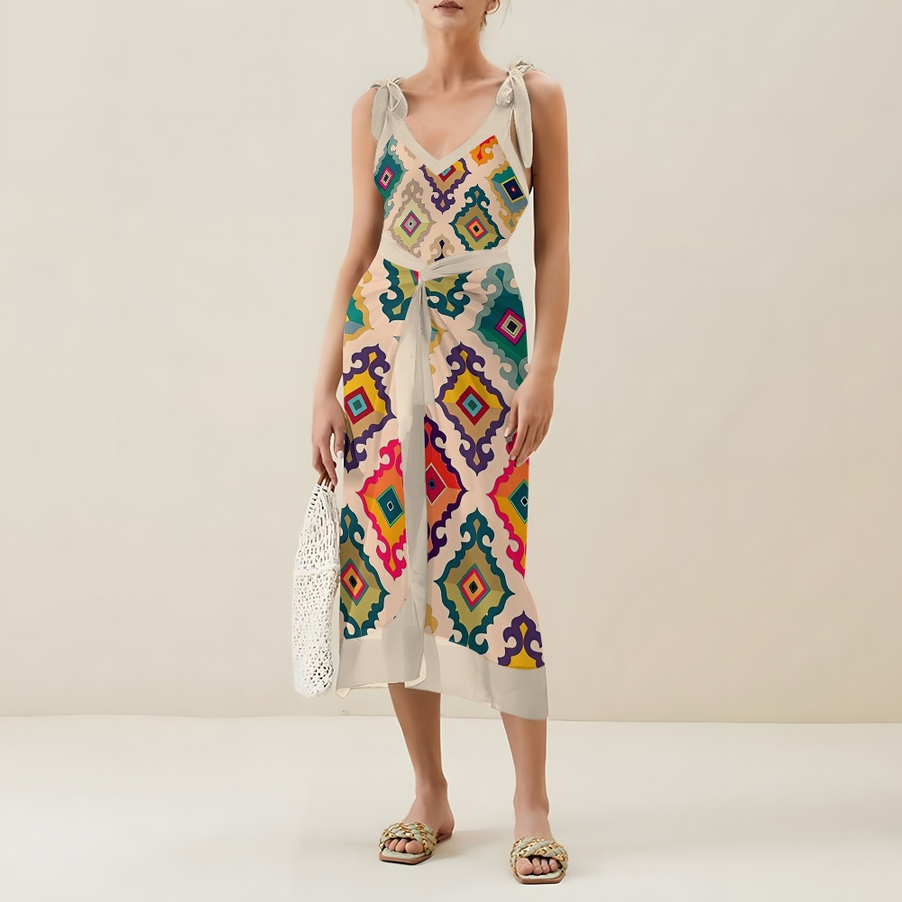 Bohemian Colorful Diamond V Neck Tie Shoulder Swimsuit With Matching Skirt Set