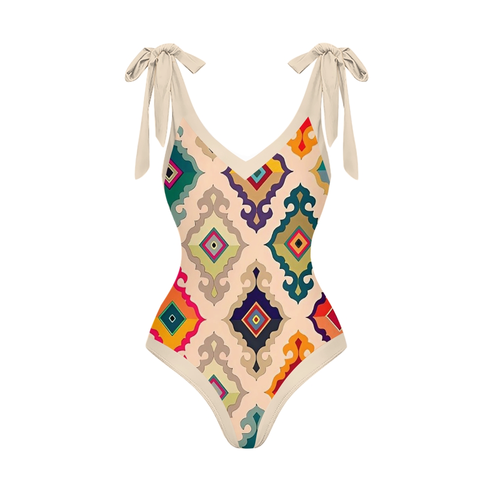 Bohemian Colorful Diamond V Neck Tie Shoulder Swimsuit With Matching Skirt Set