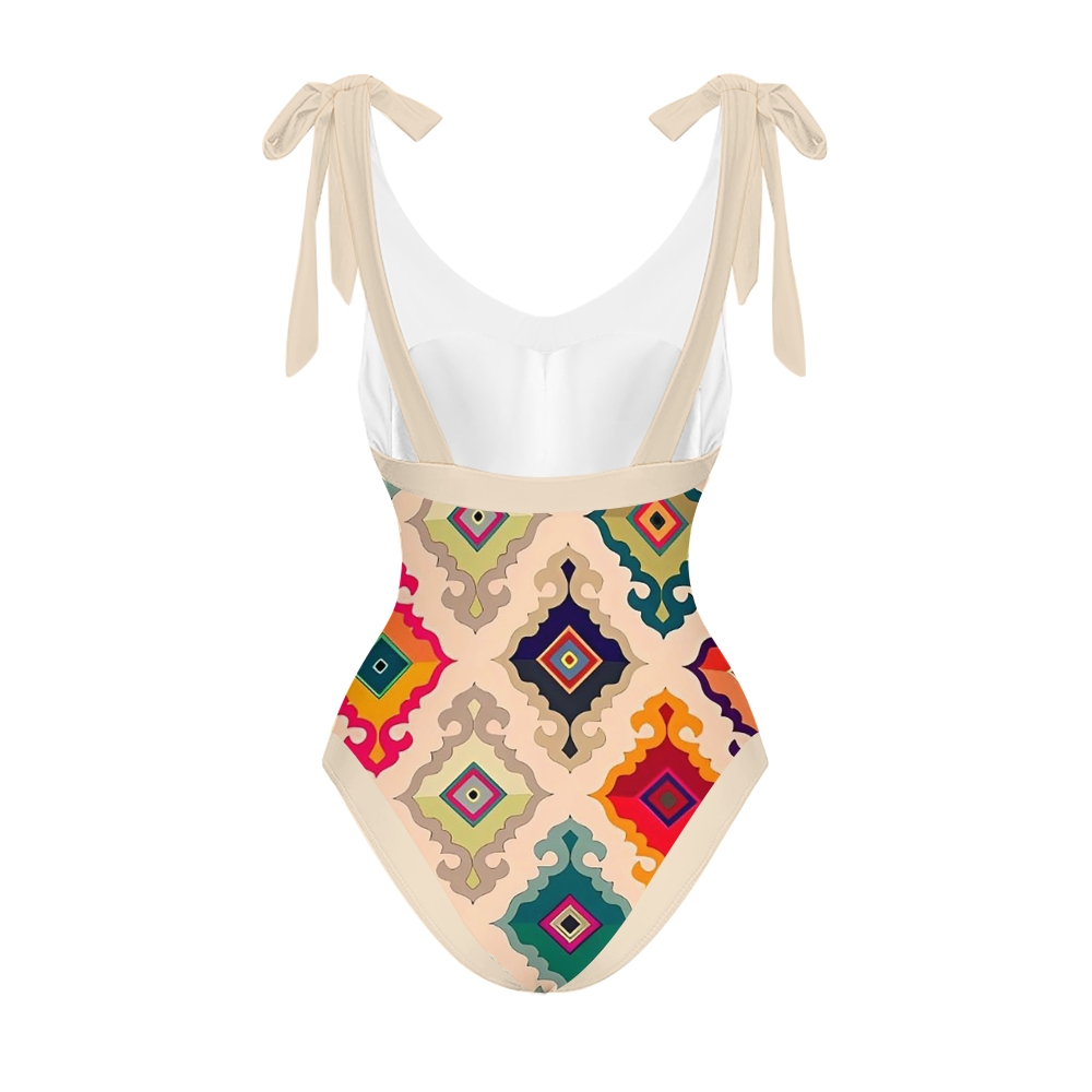 Bohemian Colorful Diamond V Neck Tie Shoulder Swimsuit With Matching Skirt Set