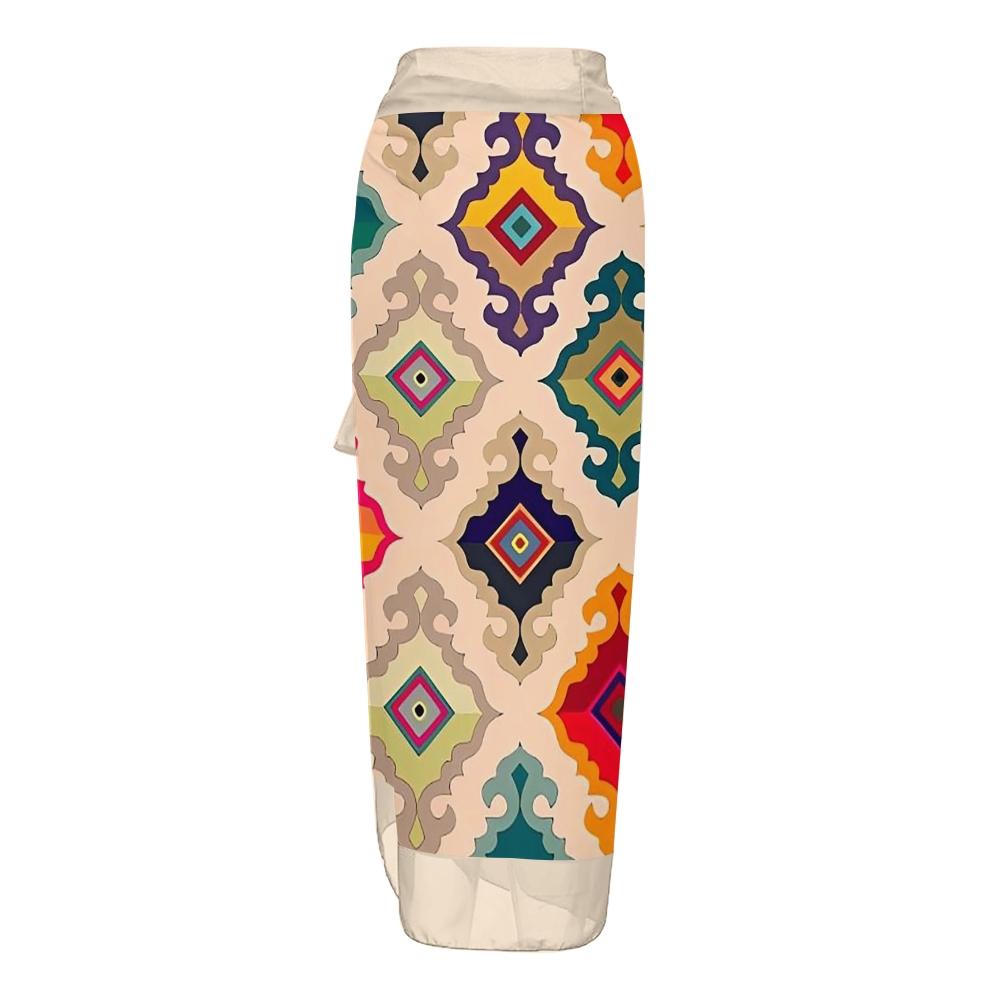 Bohemian Colorful Diamond V Neck Tie Shoulder Swimsuit With Matching Skirt Set