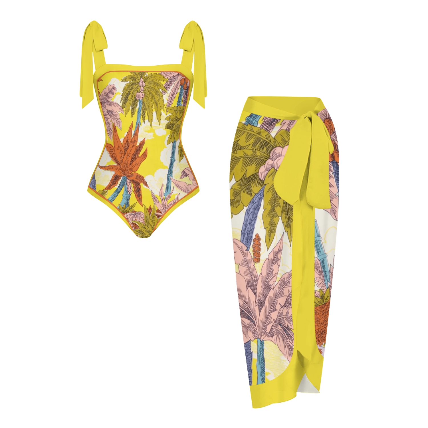 Women's Jungle Foliage Print Tie-up One-piece Swimsuit