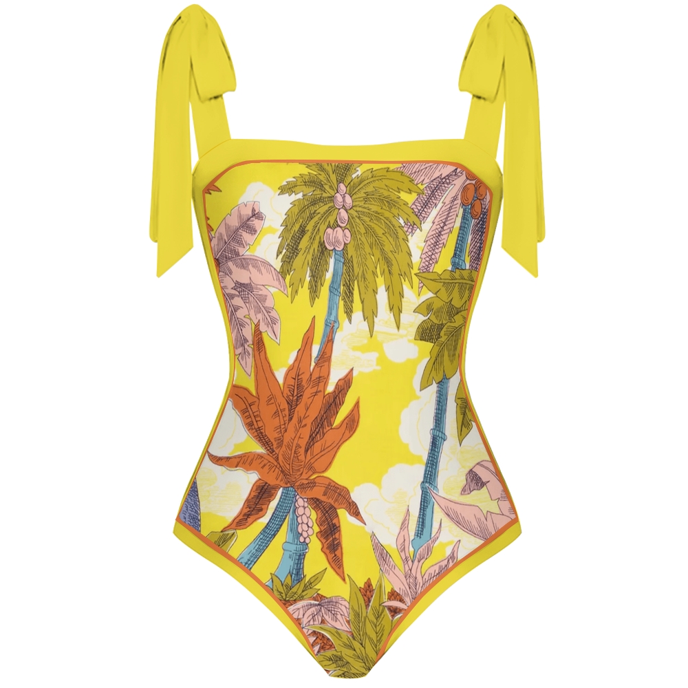 Women's Jungle Foliage Print Tie-up One-piece Swimsuit