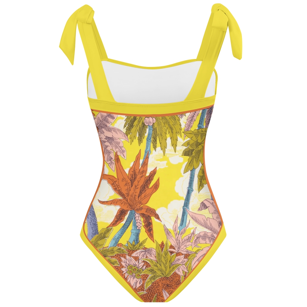 Women's Jungle Foliage Print Tie-up One-piece Swimsuit
