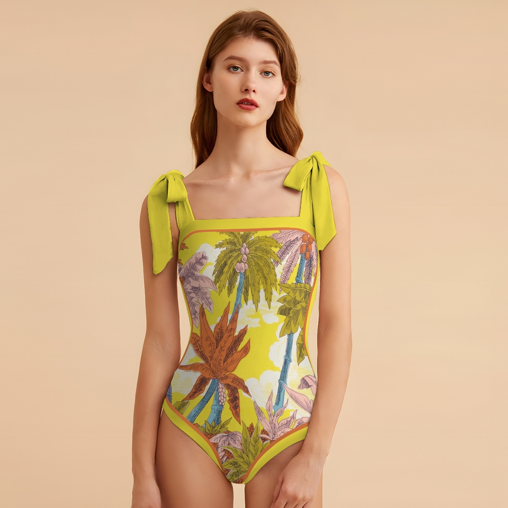 Women's Jungle Foliage Print Tie-up One-piece Swimsuit