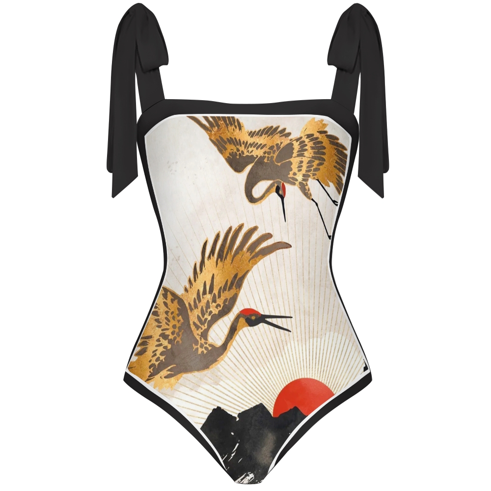 Women's Crane Print Tie-up One-piece Swimsuit
