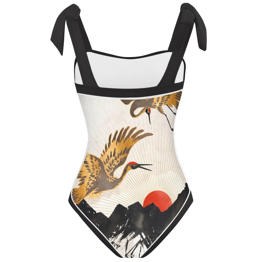 Women's Crane Print Tie-up One-piece Swimsuit