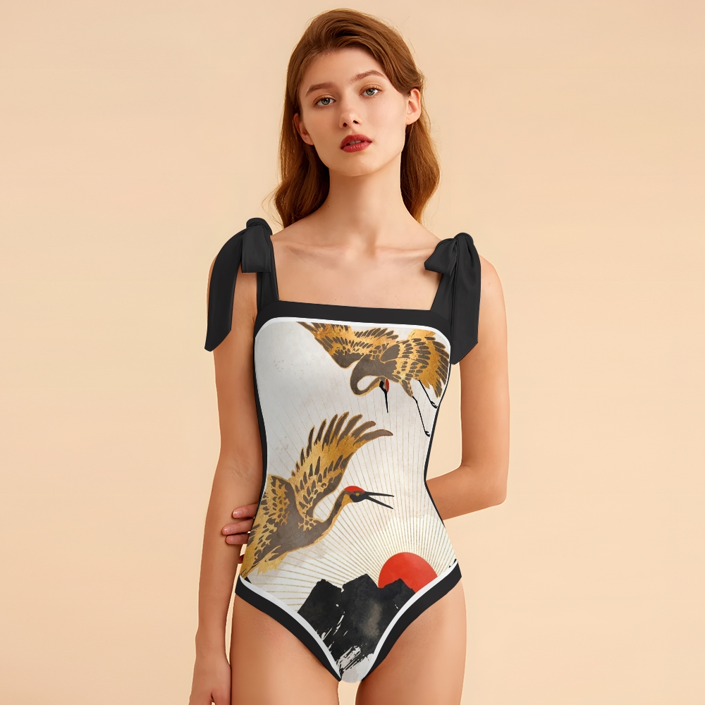 Women's Crane Print Tie-up One-piece Swimsuit