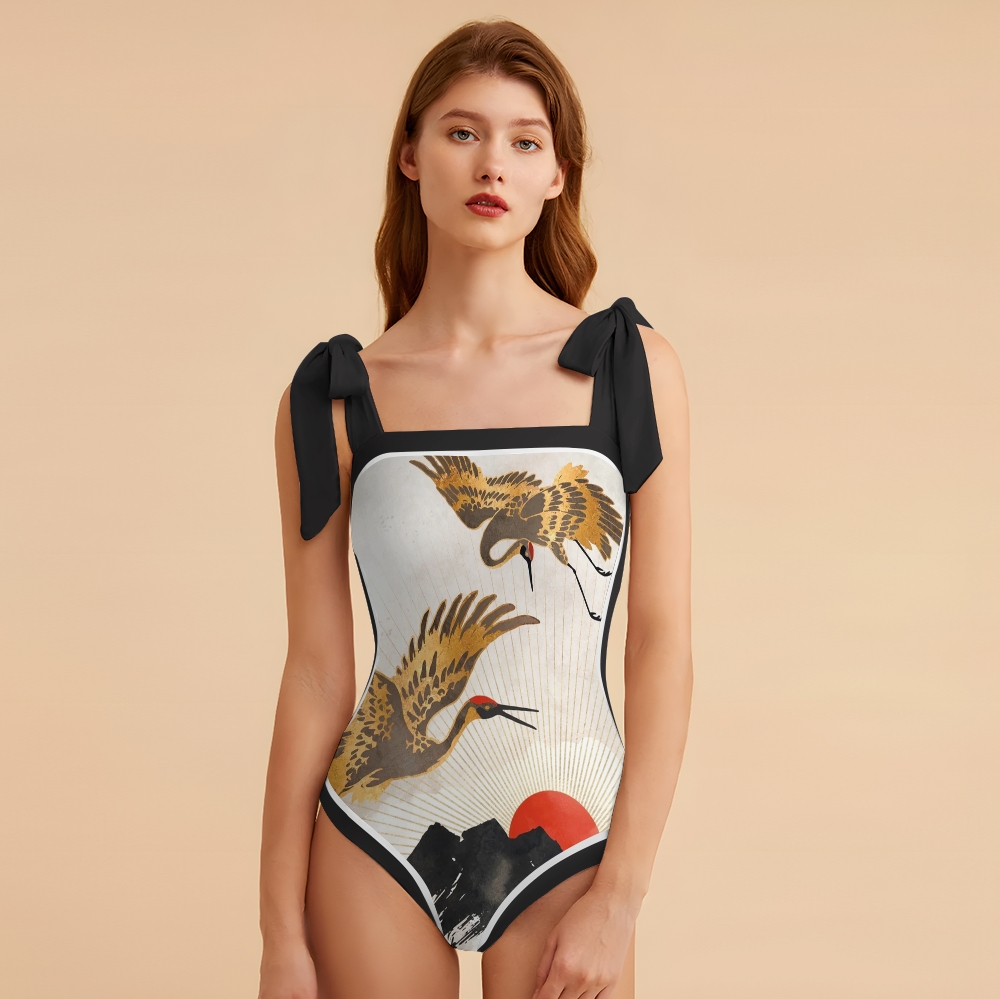 Women's Crane Print Tie-up One-piece Swimsuit