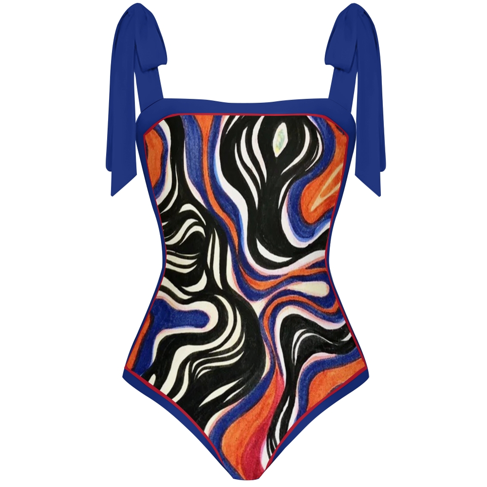 Women's Abstract Wave Print Tie-up One-piece Swimsuit
