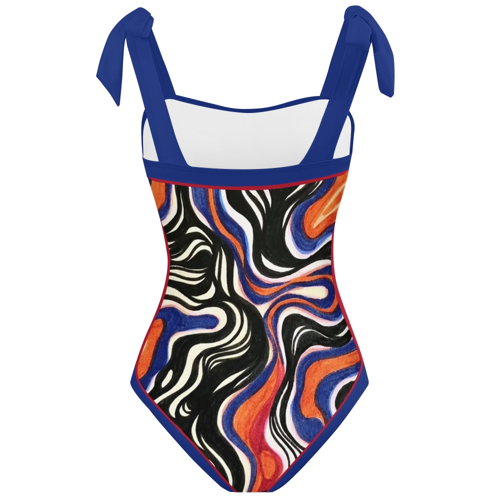 Women's Abstract Wave Print Tie-up One-piece Swimsuit