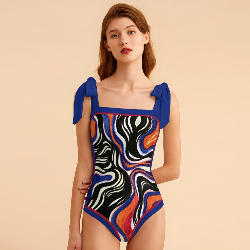 Women's Abstract Wave Print Tie-up One-piece Swimsuit