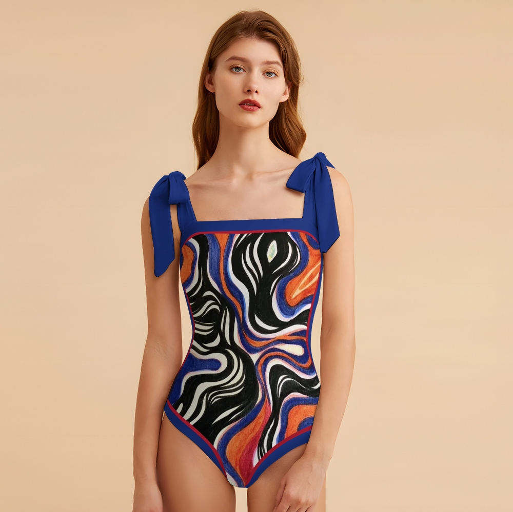 Women's Abstract Wave Print Tie-up One-piece Swimsuit