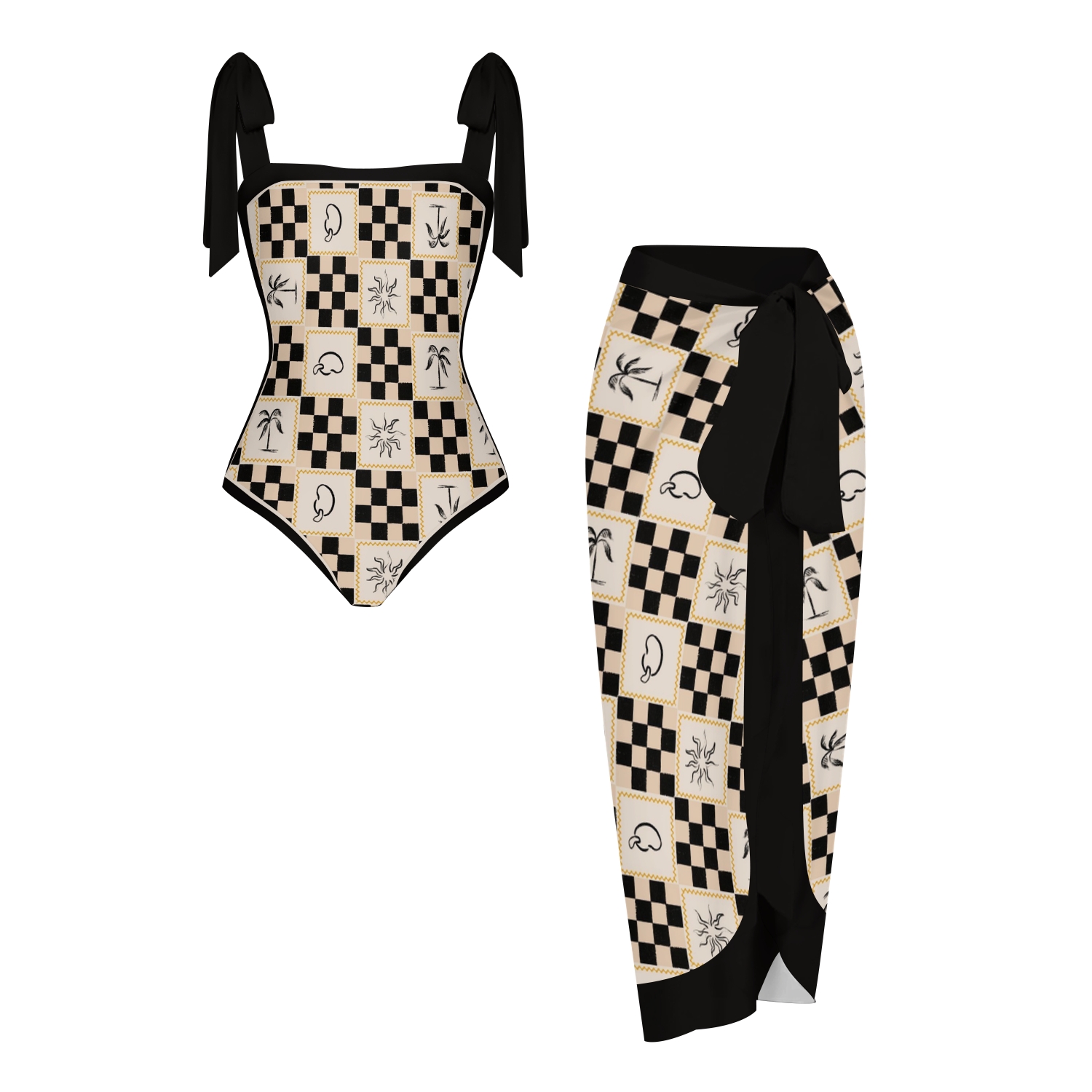 Women's Beach Checker Print Tie-up One-piece Swimsuit