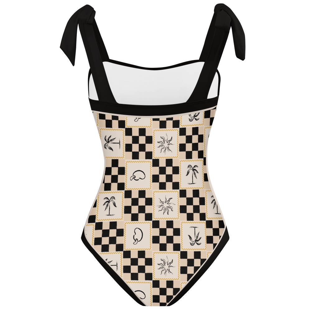 Women's Beach Checker Print Tie-up One-piece Swimsuit