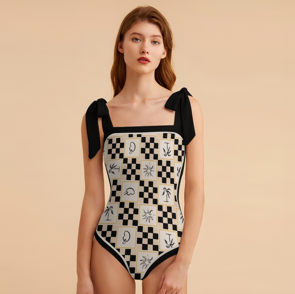 Women's Beach Checker Print Tie-up One-piece Swimsuit