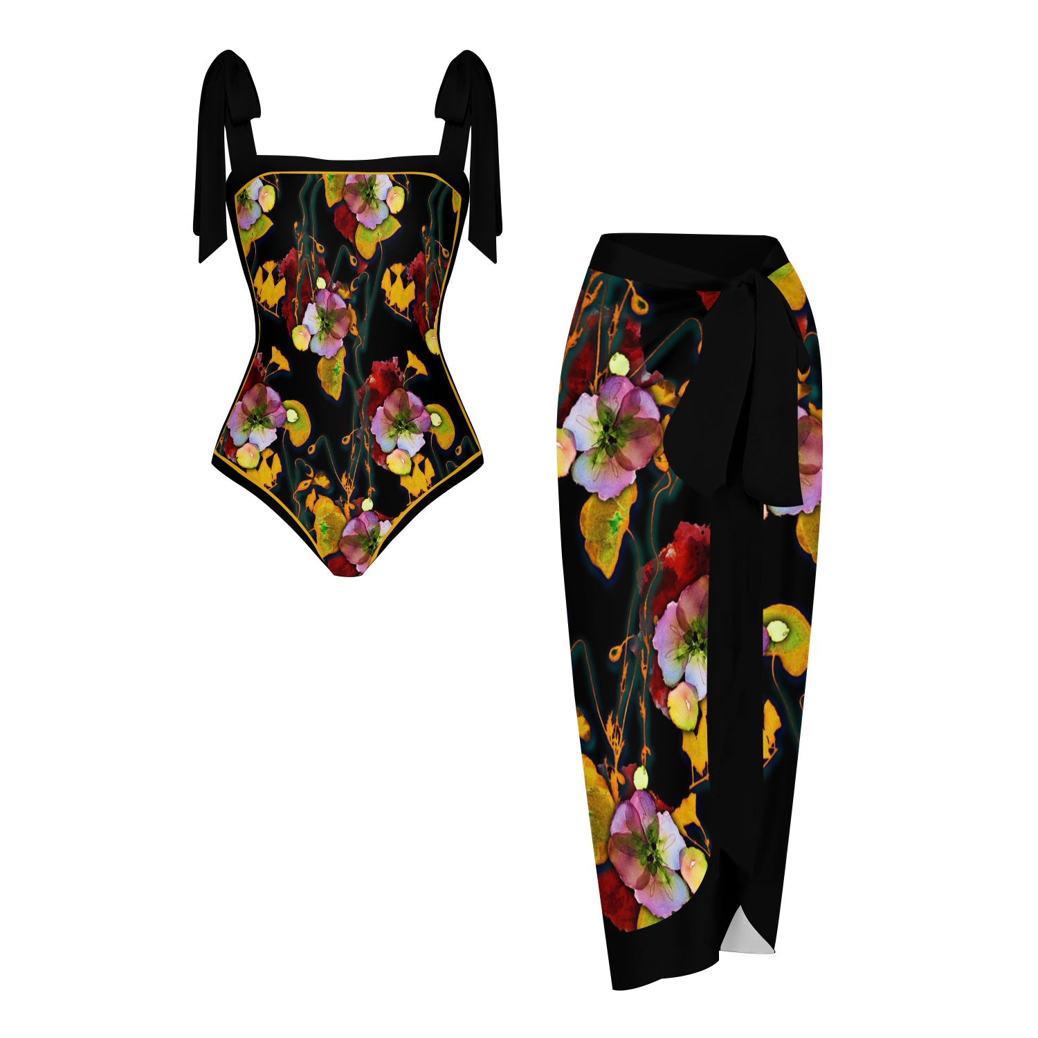 Women's Artistic Floral Print Tie-up One-piece Swimsuit
